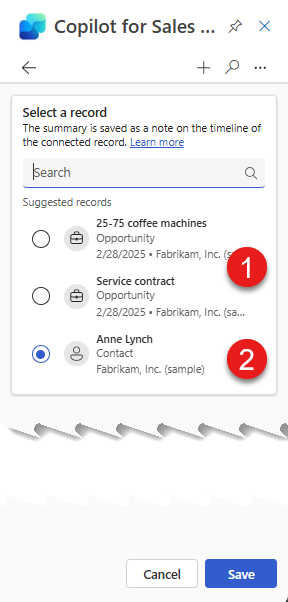Screenshot of suggested records in the Copilot for Sales pane in Outlook, with numbered callouts.