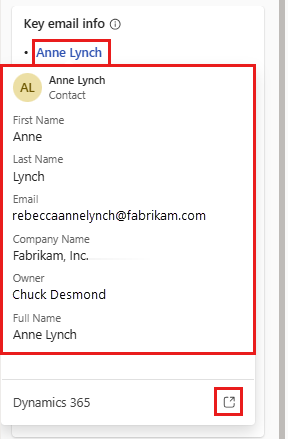 Screenshot of contact details in the Copilot for Sales pane in Outlook.