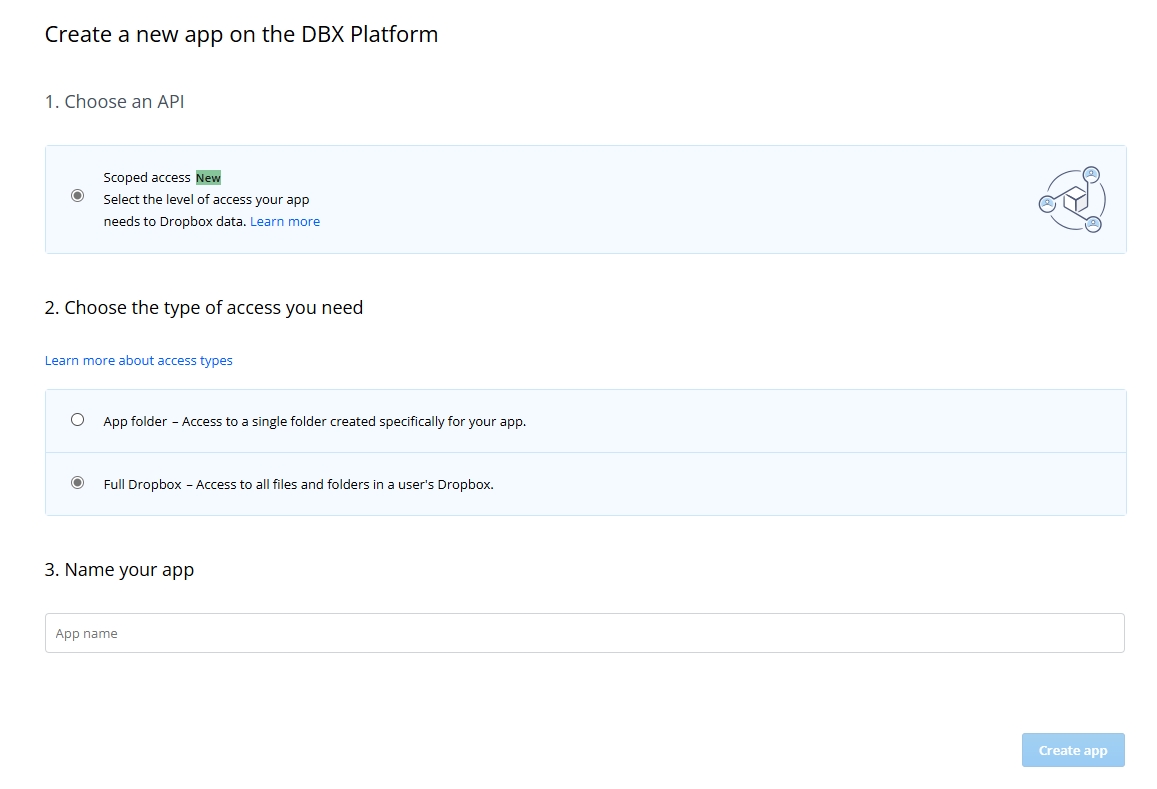 Screenshot of create Application.