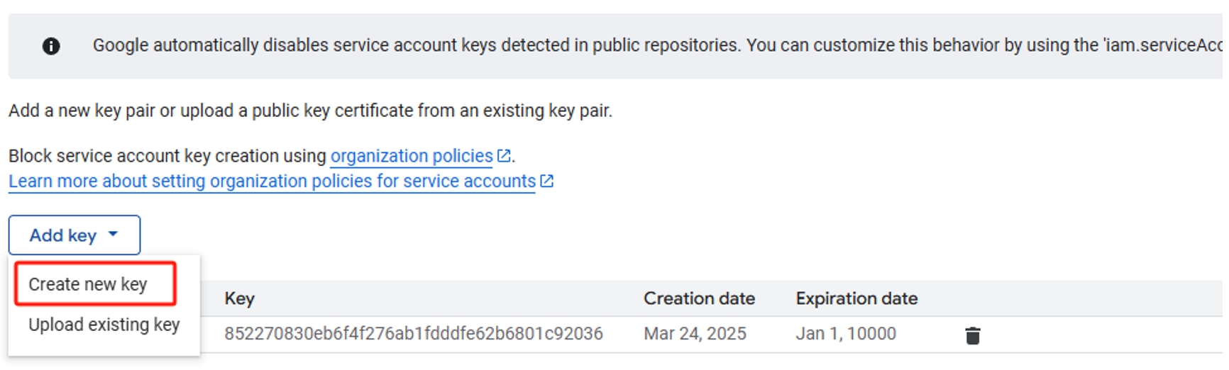 Screenshot that shows how to generate service account keys
