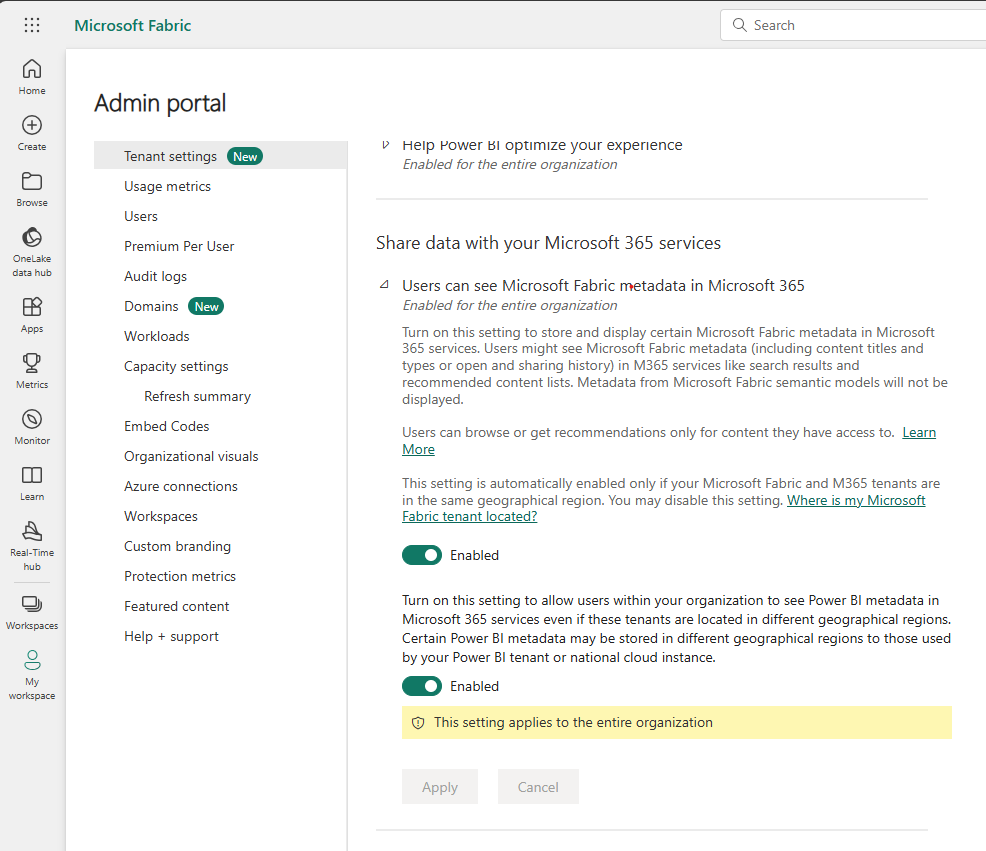 PowerBI Admin - Search settings