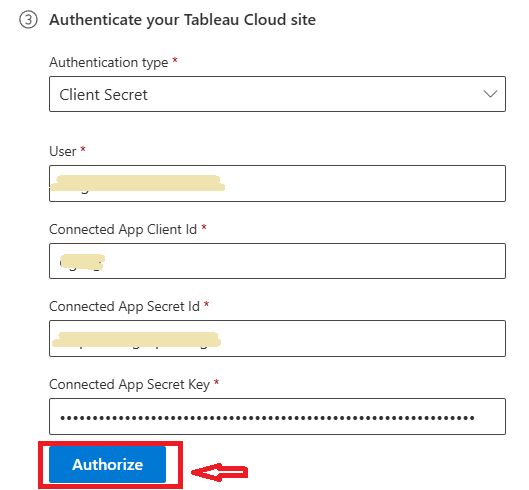 Screenshot that shows the authentication process for Tableau Copilot connector.