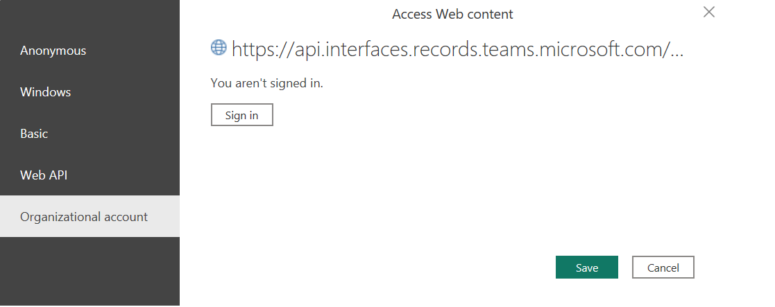Screenshot showing data source sign in screen.