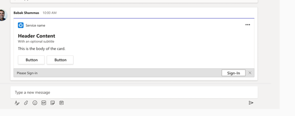 Screenshot shows the sign-in button on an Adaptive Card.