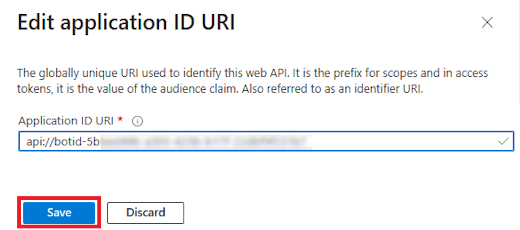 Screenshot shows the option to add the app ID URI and save.