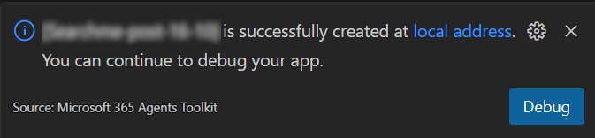 Screenshot shows the message from Agents Toolkit that the feature is successfully created along with the option to select Debug.