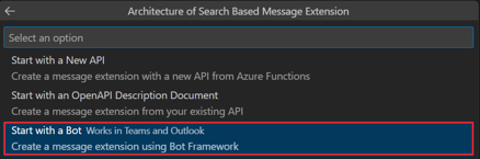 Screenshot shows the Start with a Bot option to create a bot-based message extension in Visual Studio Code.