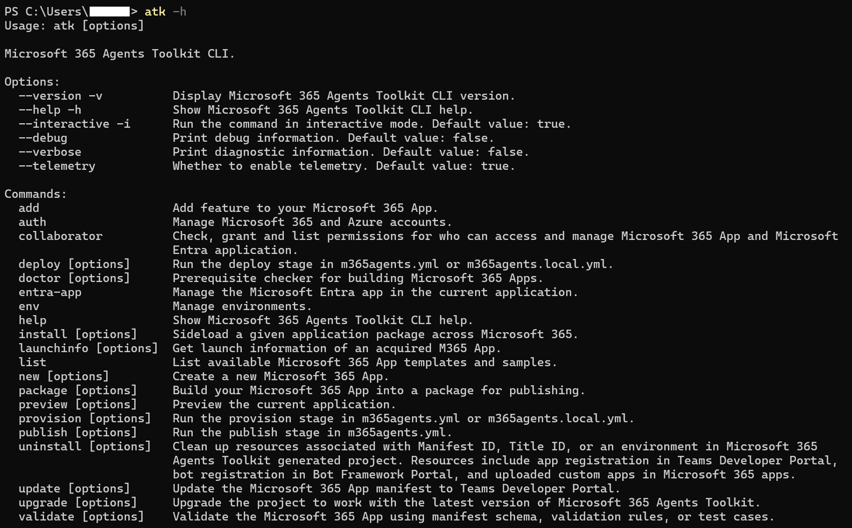Screenshot shows the list of available commands.