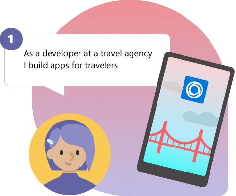 Screenshot shows you the user story as a developer at a travel agency, building apps for travelers.