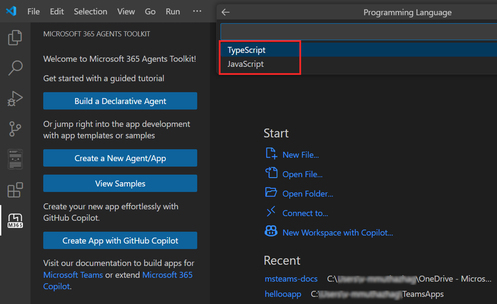 Screenshot shows Agents Toolkit with Select a programming language highlighted in red.