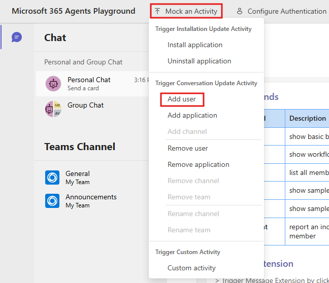 Screenshot shows the add user option under mock an activity.