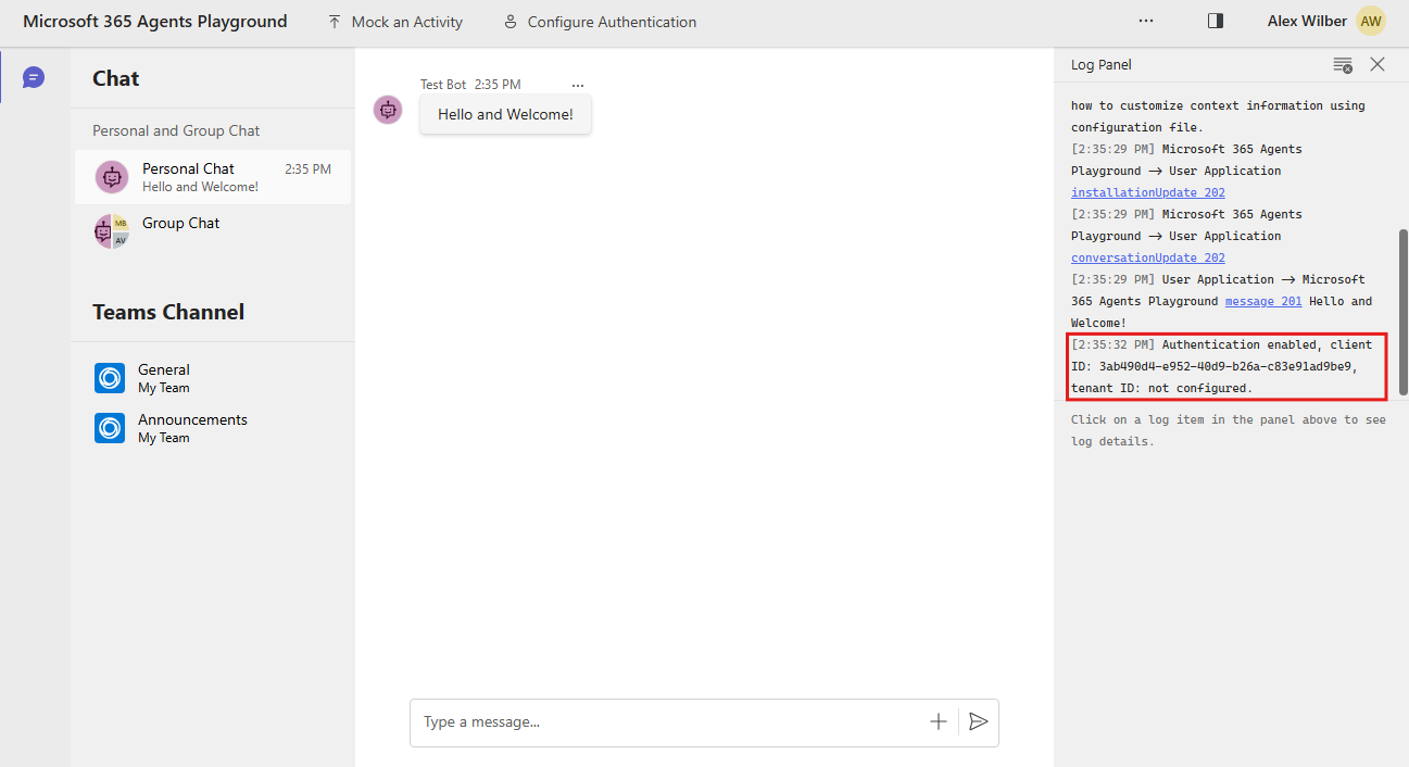 Screenshot shows the log panel message of successfully configure authentication settings.