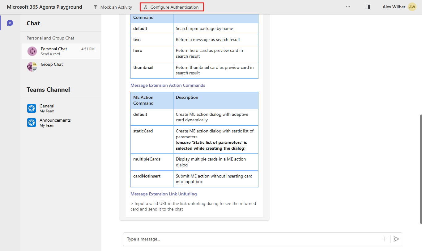 Screenshot shows the option to configure authentication on agents playground menu bar.