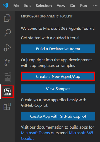 Screenshot shows the location of the Create New Project link in the Agents Toolkit sidebar.