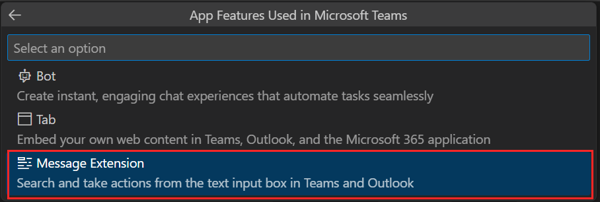 Screenshot shows the message extension option in Agents Toolkit.