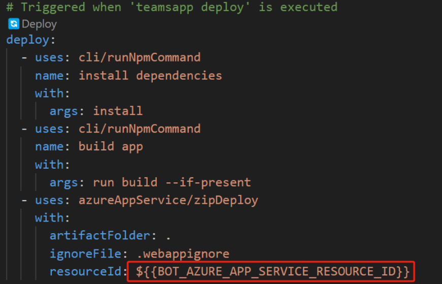 Screenshot shows the bot Azure app service resource ID in m365agents.yml file.