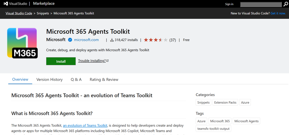 Screenshot shows the Agents Toolkit Marketplace screen.