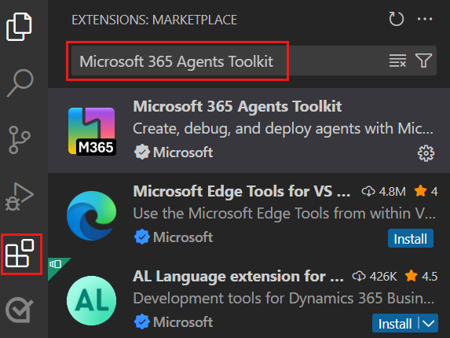 Screenshot shows the Agents Toolkit search and the result.