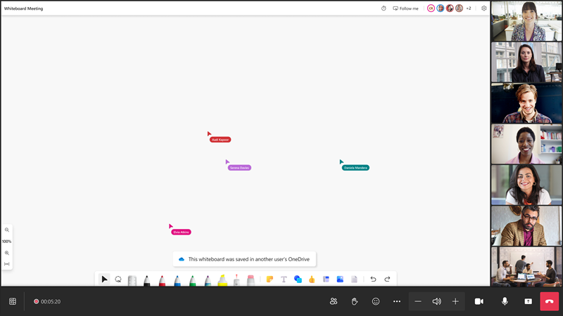 Whiteboard example for content that is saved to OneDrive for Business.
