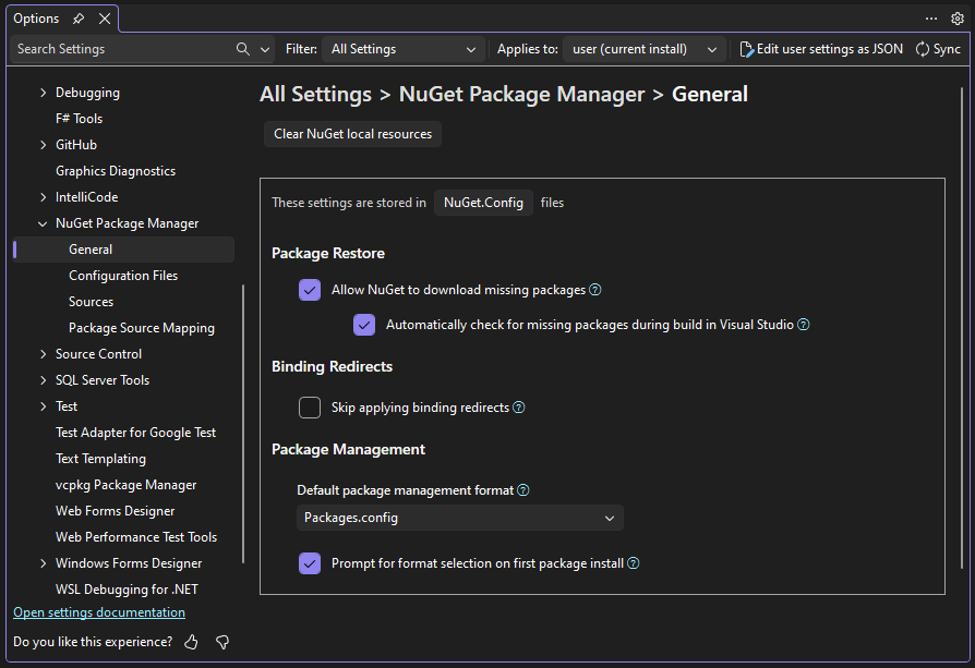 Clear NuGet local resources button highlighted in the General page of NuGet options
