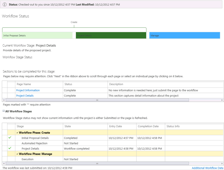 Workflow status at the Project Details stage
