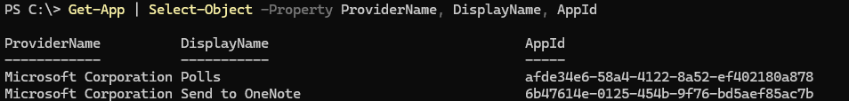 Screenshot of running the Get-App command in PowerShell with results for Microsoft Polls and Microsoft Send to OneNote.