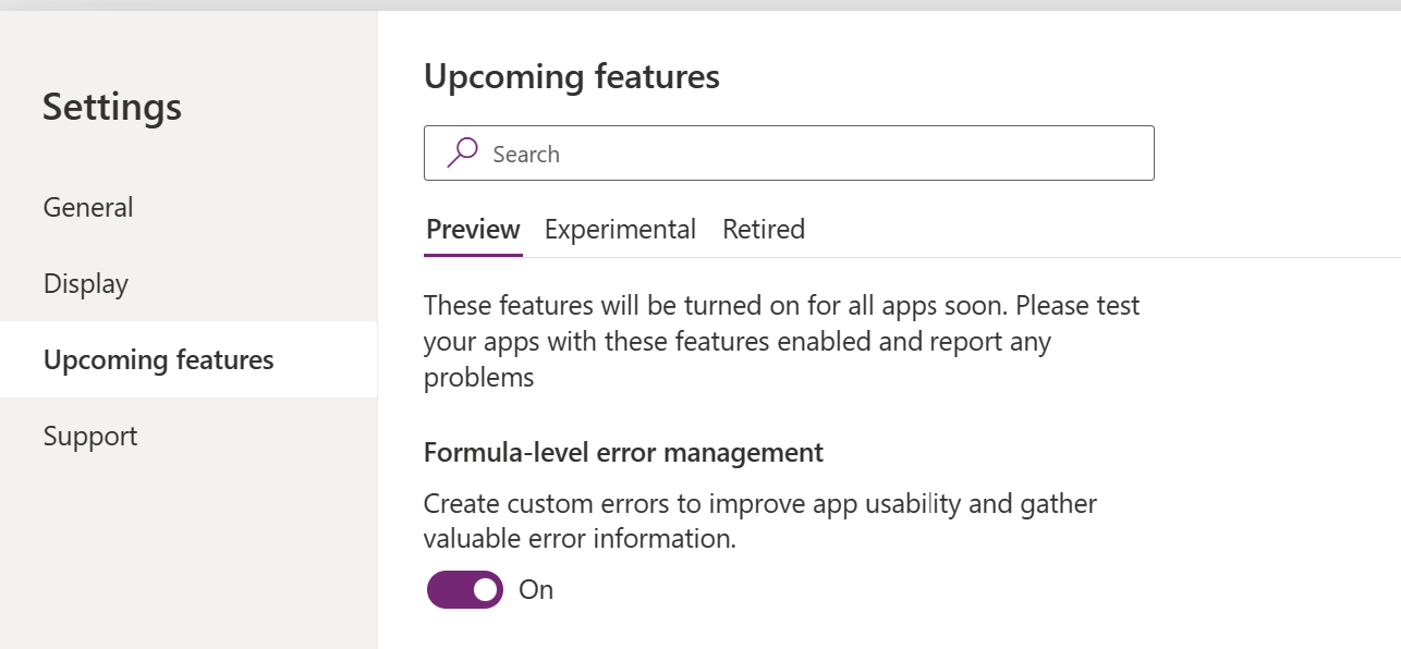 Screenshot of Upcoming features in Settings showing Formula-level error management set to On.
