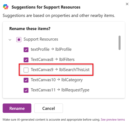 Screenshot of unselecting a suggested renaming of a control.