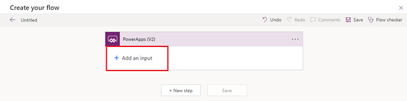Screenshot of adding an input to the PowerApps (V2) trigger node.
