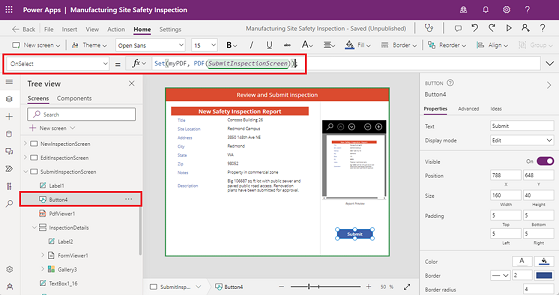 Screenshot of setting the OnSelect property of a button in a canvas app.
