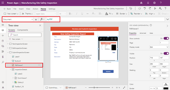 Screenshot of setting the Document property of a button in a canvas app.