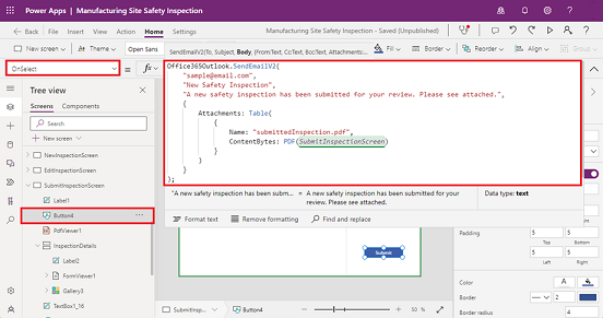 Screenshot of an email added to a button's OnSelect property.