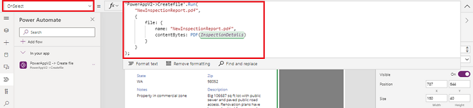 Screenshot of the flow added to a button's OnSelect property.