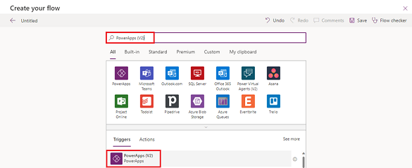 Screenshot of selecting the PowerApps (V2) trigger.