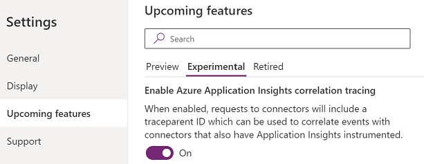 Screenshot of the setting to enable Azure Application Insights correlation tracing.