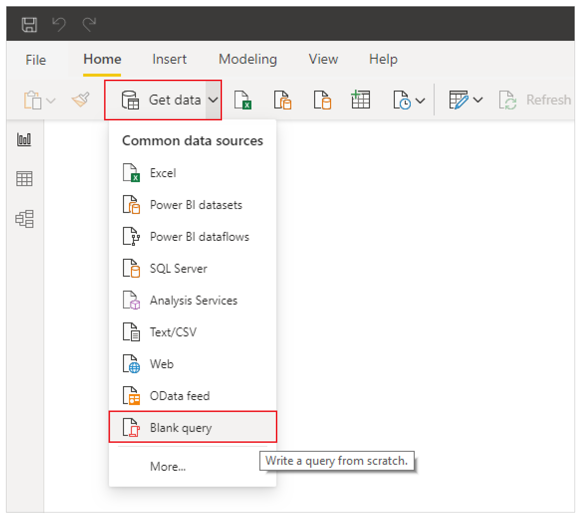 Screenshot of the Blank query option in Power BI's Get Data menu.