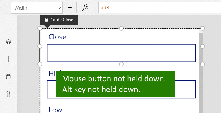 Animation that shows holding down the Alt key while resizing a data card in an Edit form control to override snap points.