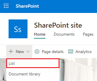 Screenshot of the location of a List option in the New menu of a SharePoint site.