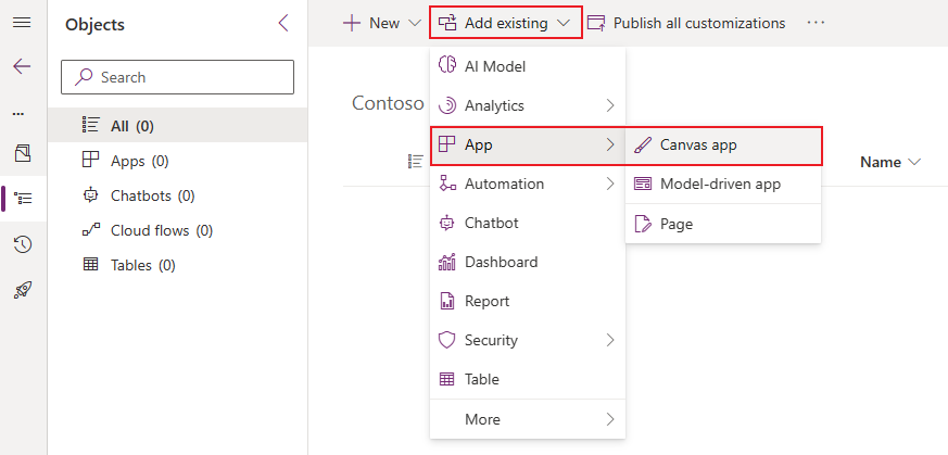 Screenshot of the top menu showing the Add existing option selected from the menu.