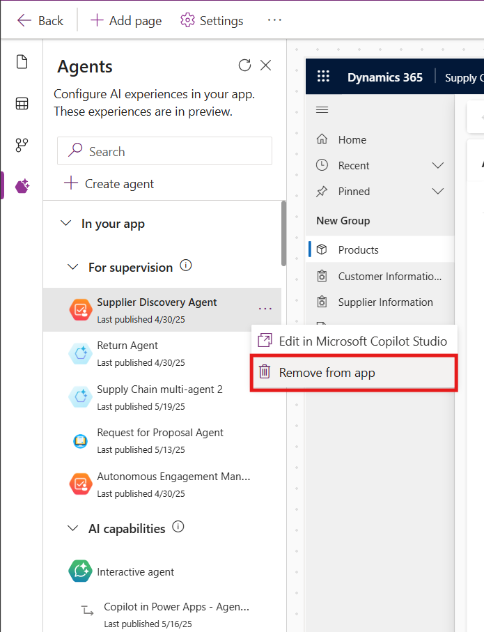 App designer remove agent from app