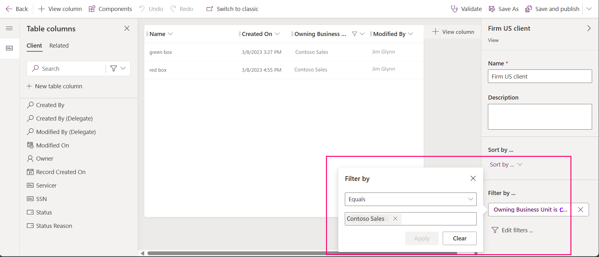 Filter view by owning business unit to secure