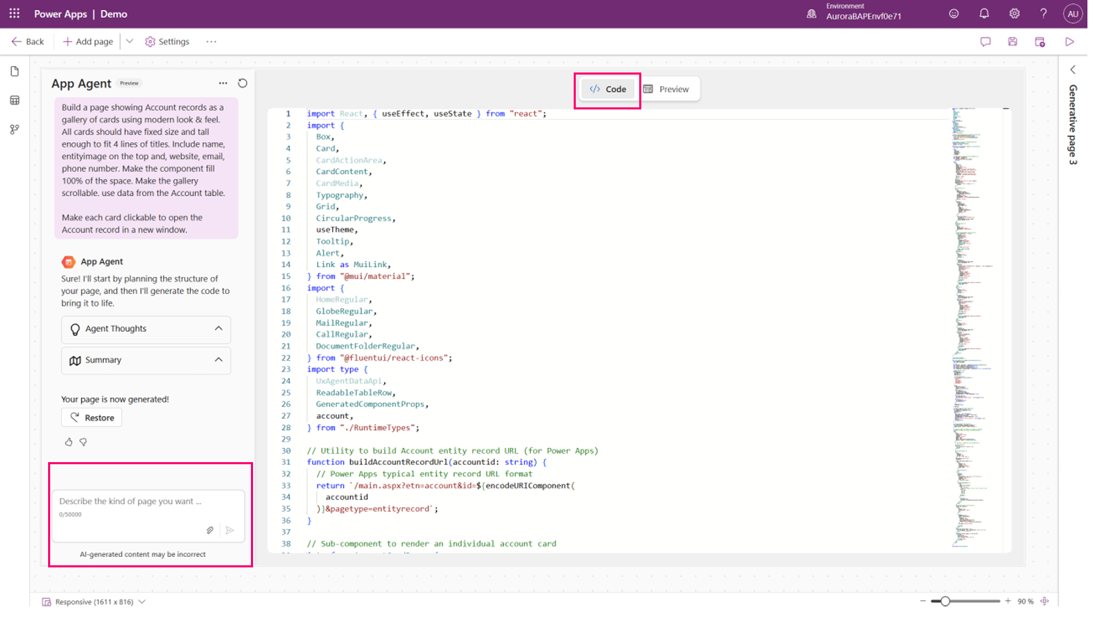 View generative page code and iterate on the design