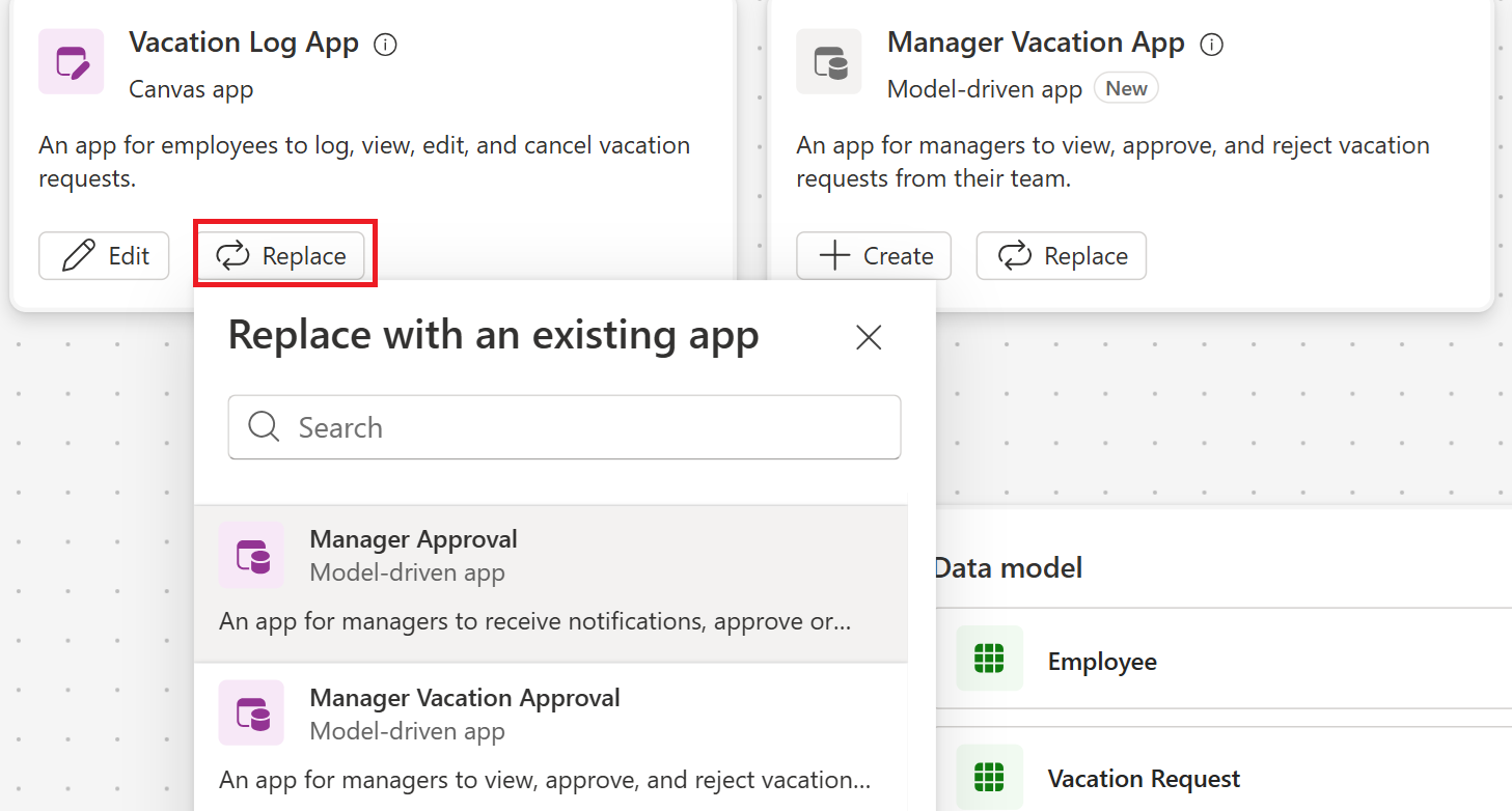Screenshot of the Replace option on an app tile.