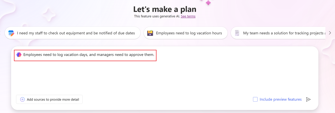 Screenshot of Plan designer interface showing a text box for entering business scenarios.