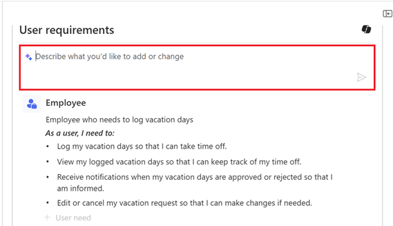 Screenshot of Copilot that gives feedback on user needs in Plan designer.