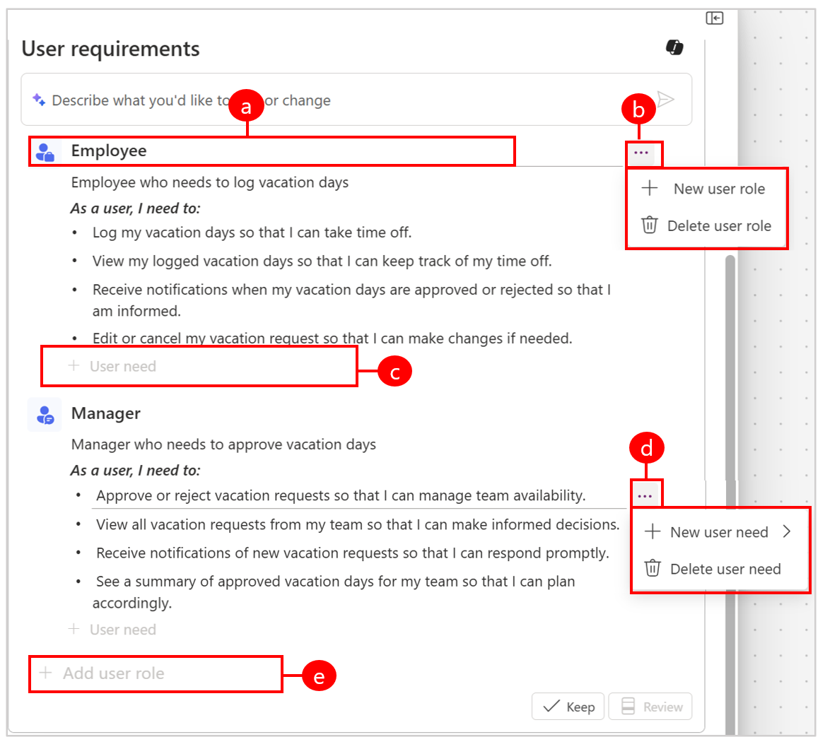 Screenshot of inline editing options for user roles and needs in Plan designer.