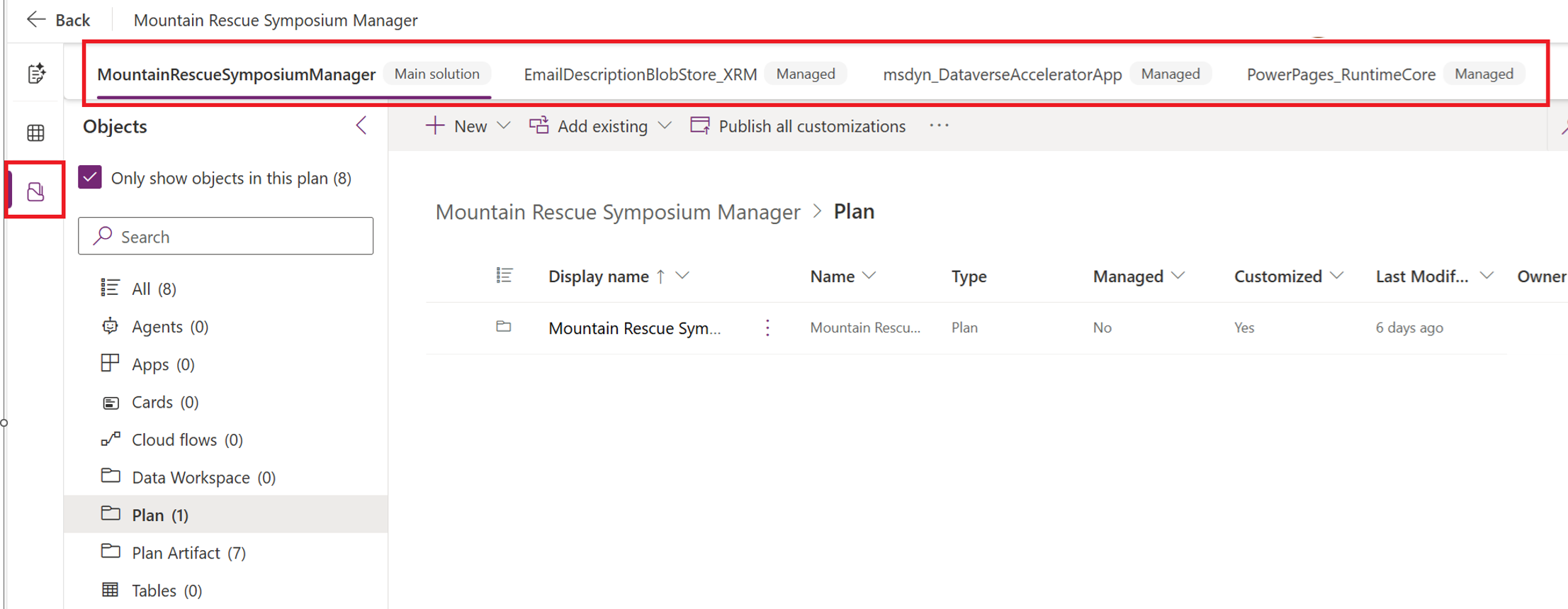 Screenshot of the Objects view in Plan designer that shows objects in a solution.