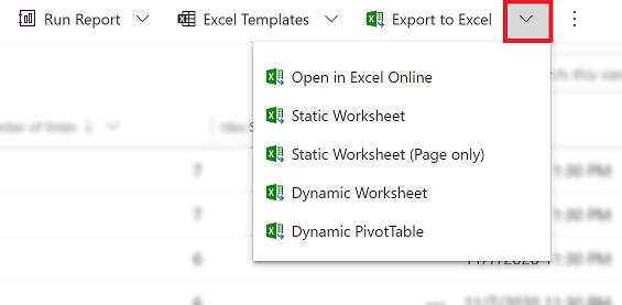 Export to Excel options.