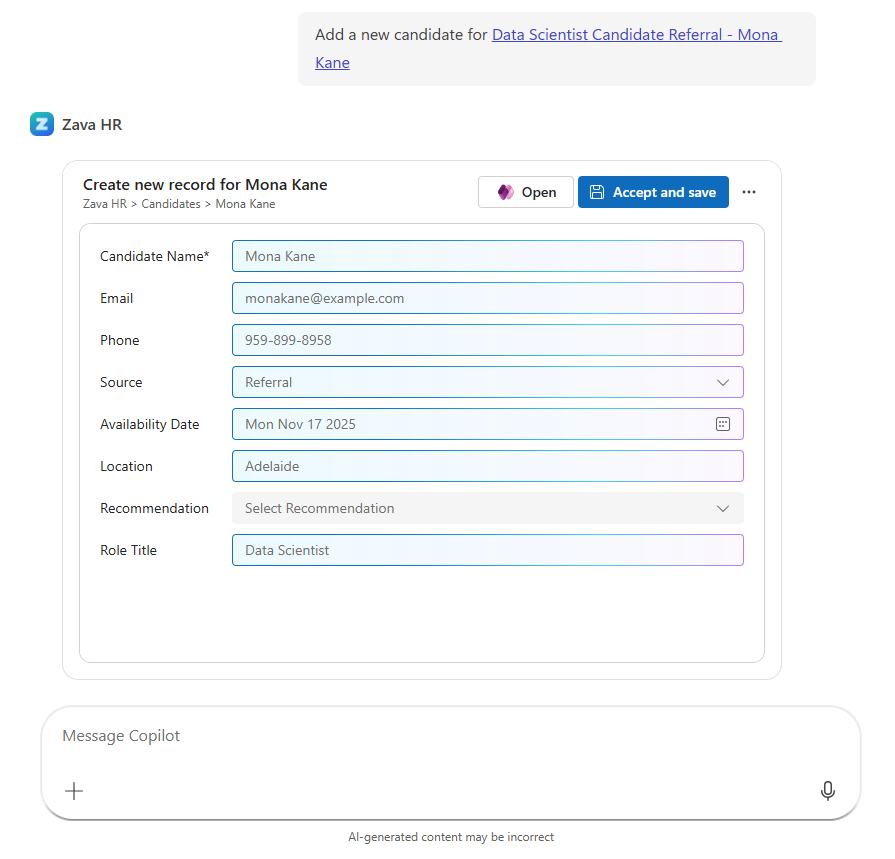 Screenshot that shows form fill assistance inside Microsoft 365 Copilot.