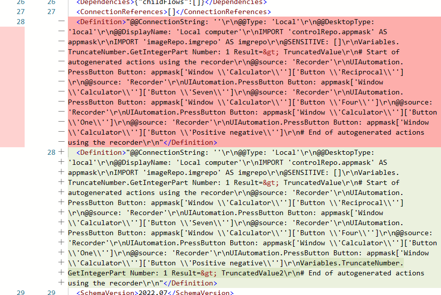 Screenshot of the diff tool in Azure DevOps on the desktop flow definition
